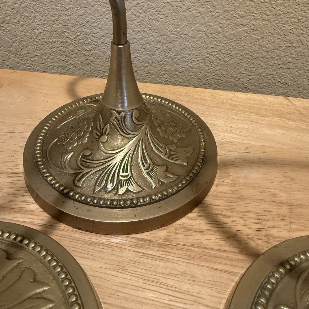 Set of 3 World Market Heavy Brass Ornate Ornament Holder Stands 17